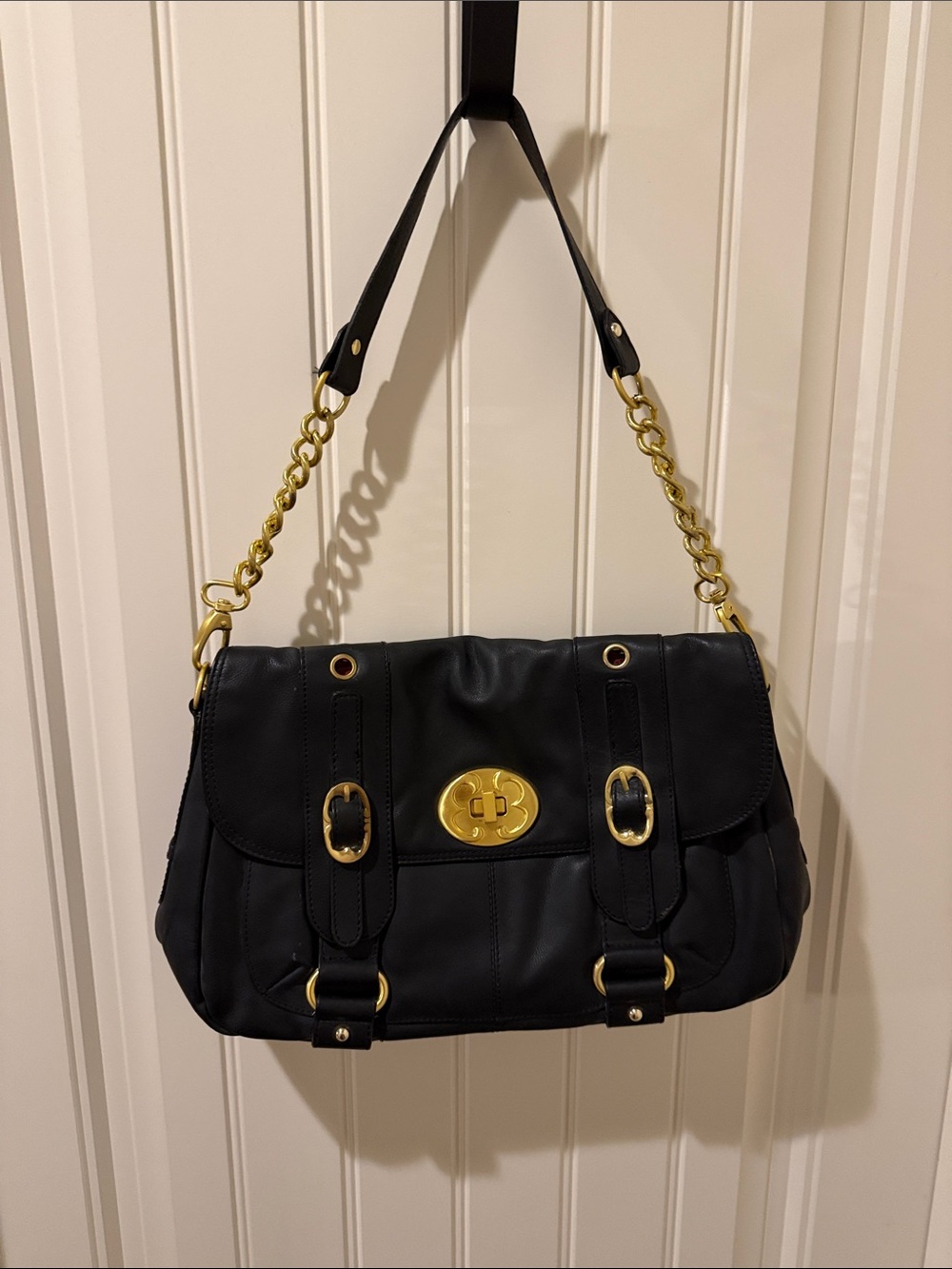 Emma Fox Black Leather Turn Lock Shoulder Bag